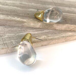 NEW ~ Anthropologie Gold Topped Clear Resin Droplet Earrings